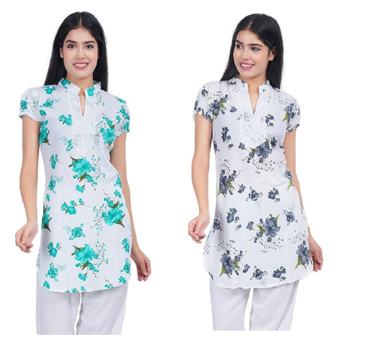 Trendzmy Women Green Grey Printed Straight Kurta Pack Of 2