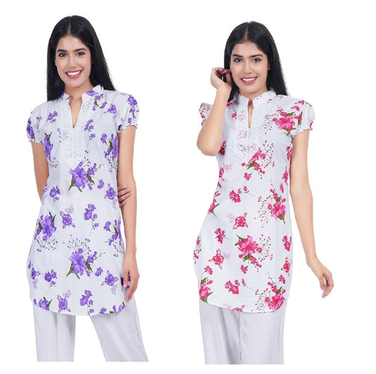 Trendzmy Women Purple Red Printed Straight Kurta Pack Of 2