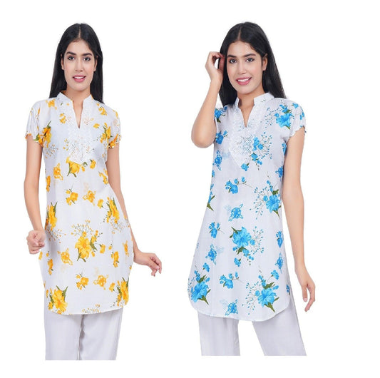 Trendzmy Women Yellow Blue Printed Straight Kurta Pack Of 2 XXXL