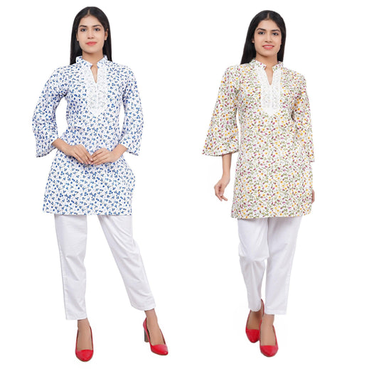 Trendzmy Women Blue and Multi Floral Print Pure Cotton Straight Kurta Pack Of 2 XXXL