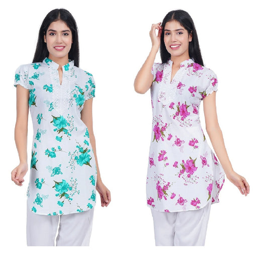 Trendzmy Women Green Pink Printed Straight Kurta Pack Of 2