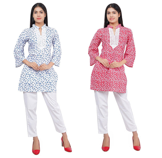 Trendzmy Women Blue and Red Floral Print Pure Cotton Straight Kurta Pack Of 2 XXXL