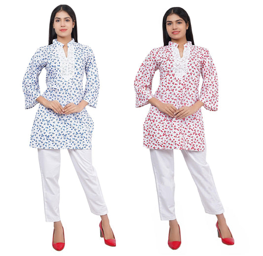 Trendzmy Women Blue and Red White Floral Print Pure Cotton Straight Kurta Pack Of 2 XXXL