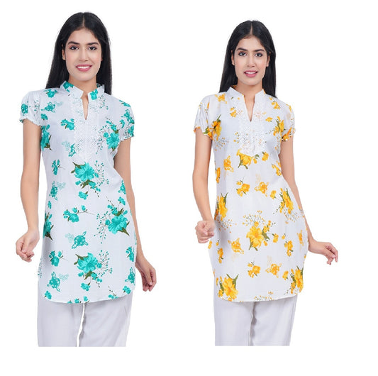 Trendzmy Women Green Yellow Printed Straight Kurta Pack Of 2