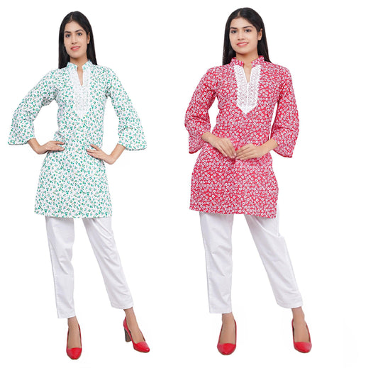 Trendzmy Women Green and Red Floral Print Pure Cotton Straight Kurta Pack Of 2 XXXL