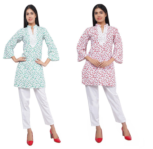 Trendzmy Women Green and Red White Floral Print Pure Cotton Straight Kurta Pack Of 2 XXXL