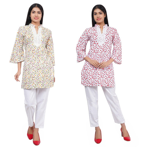 Trendzmy Women Multi and Red White Floral Print Pure Cotton Straight Kurta Pack Of 2 XXXL