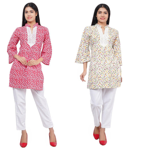 Trendzmy Women Red And Multi Floral Print Pure Cotton Straight Kurta Pack Of 2 XXXL