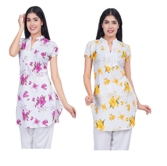 Trendzmy Women Pink Yellow Printed Straight Kurta Pack Of 2