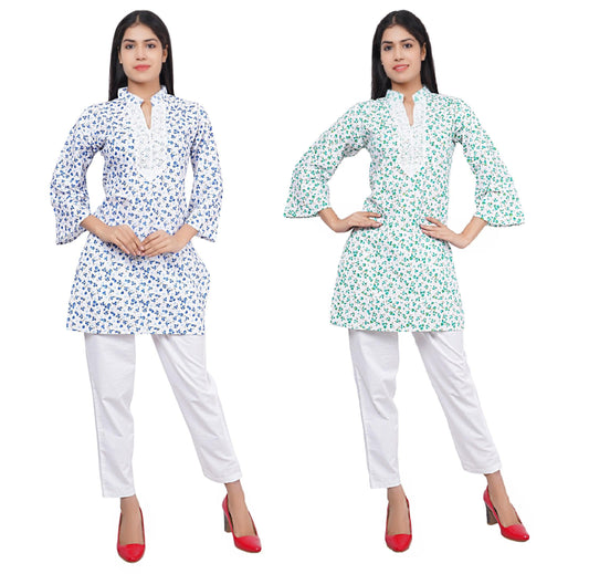 Trendzmy Women Blue and Green Floral Print Pure Cotton Straight Kurta Pack Of 2 XXXL