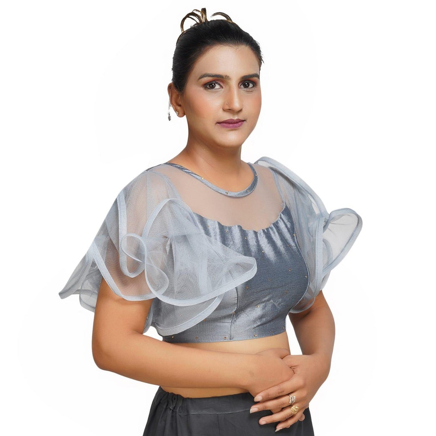 Trendzmy Boat Neck Frill Shoulder Grey Women Blouse