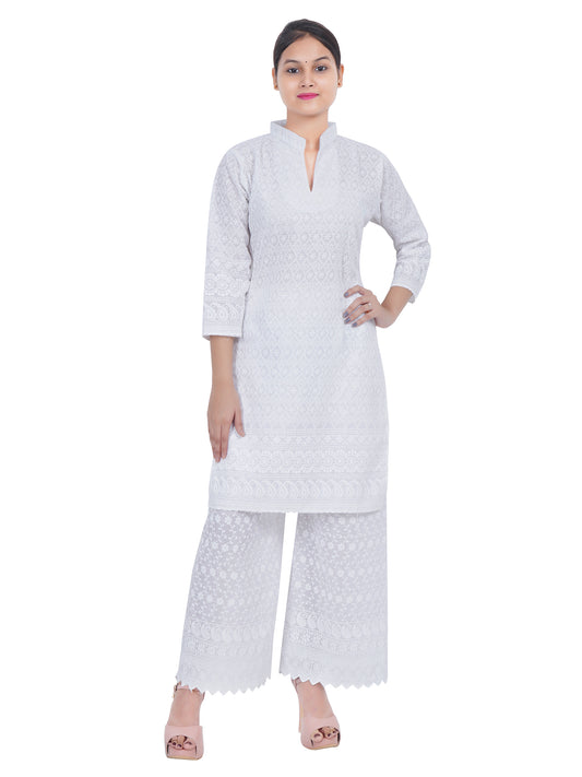 Trendzmy Women White Chicken Embroidered Straight Kurta