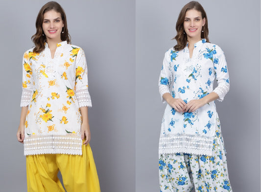 Trendzmy Pack of 2 Set Women Floral Print Cotton Blend Straight Kurta  (Yellow, Blue)