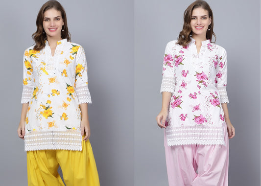 Trendzmy Pack of 2 Women Floral Print Cotton Blend Straight Kurta  (Yellow, Pink)