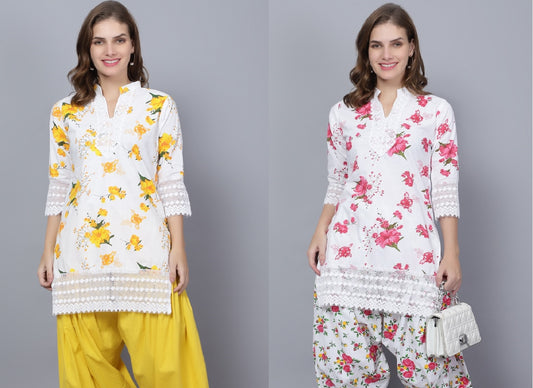 Trendzmy Pack of 2 Women Floral Print Cotton Blend Straight Kurta  (Yellow, Red)