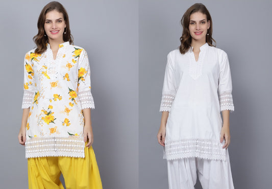 Trendzmy Pack of 2 Women Floral Print Cotton Blend Straight Kurta  (Yellow, White)