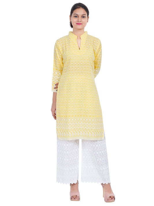 Trendzmy Women Yellow Chicken Embroidered Straight Kurta