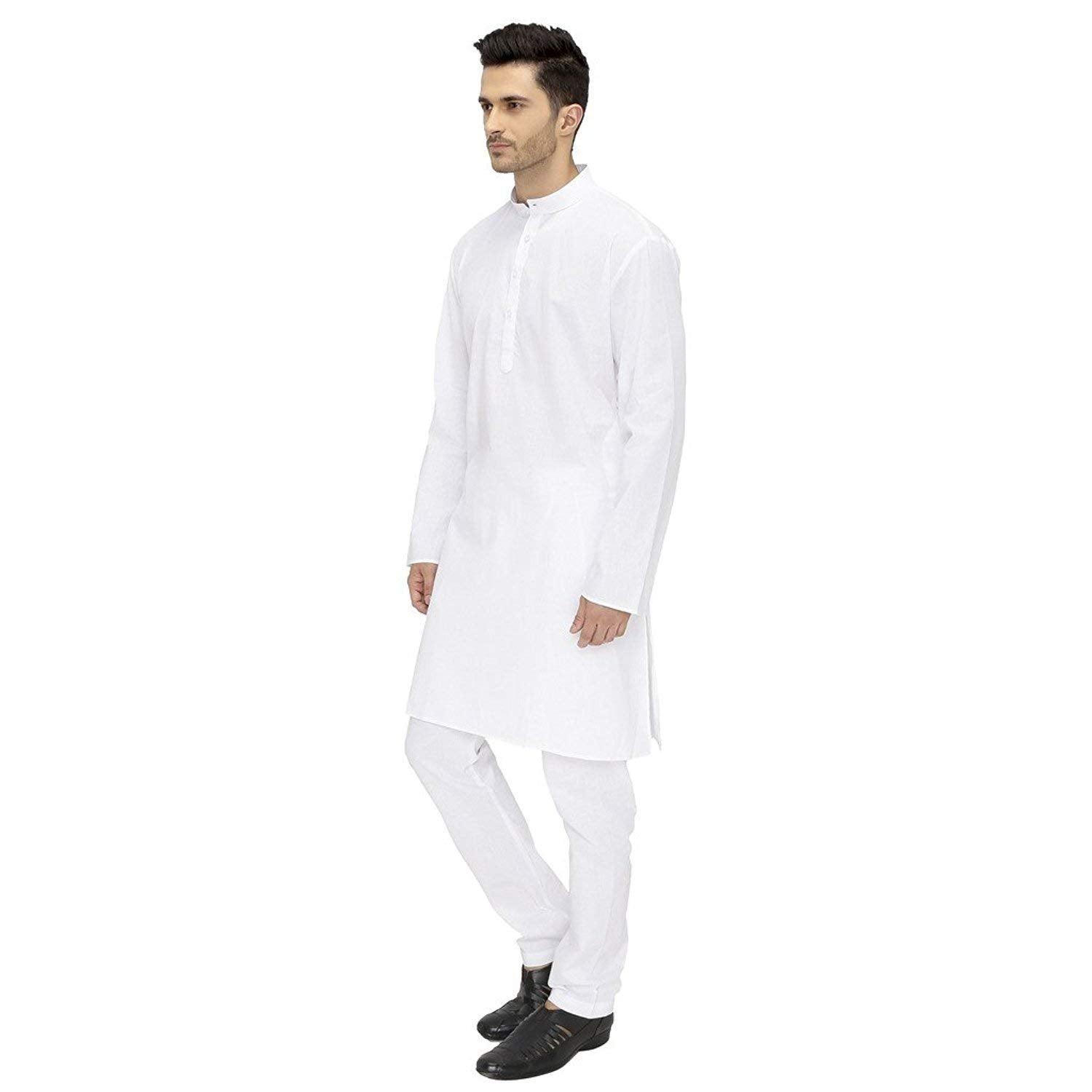 Trendzmy Men Solid White Cotton Blend Kurta and Pajama Set