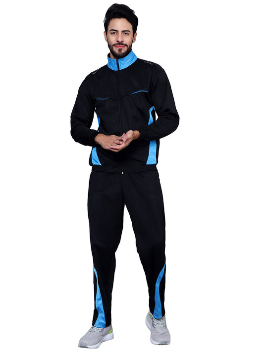 Men Color blocked Black and Sky Blue Racer suit Tracksuit